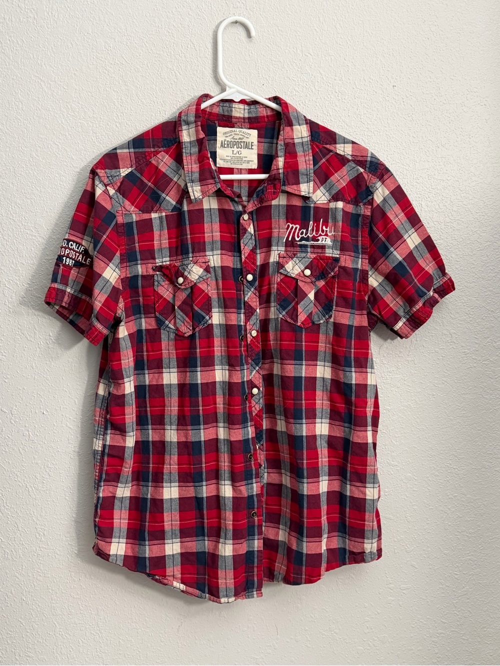 Aeropostale Red, Navy and White Plaid Short-Sleeve Button-Down Shirt